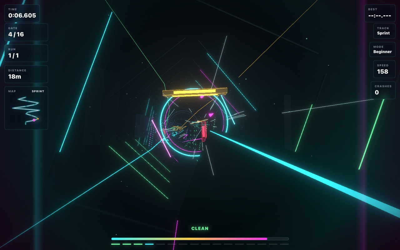 First-person drone racing through neon gates