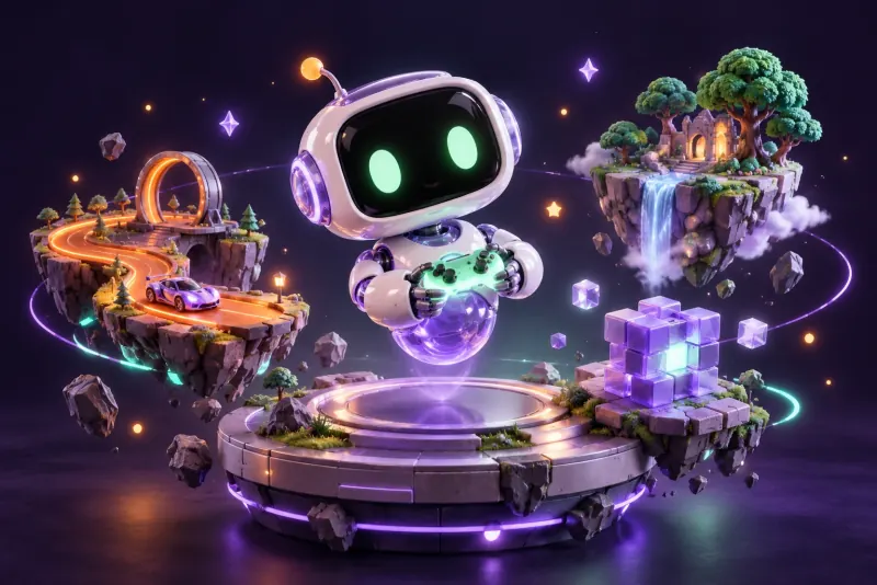 Pip, a friendly robot with mint eyes and a controller, floating among miniature racing and puzzle worlds.