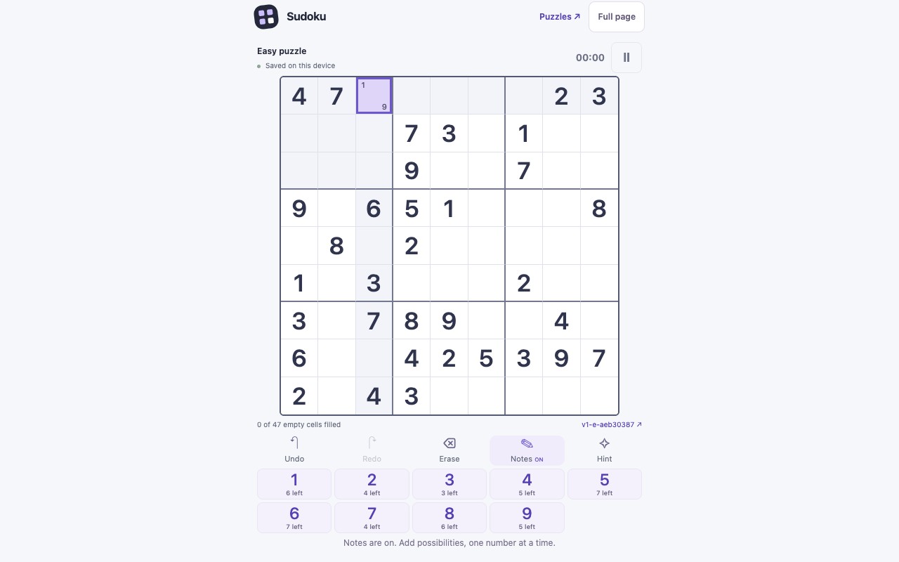 A Sudoku board with pencil notes and a number pad