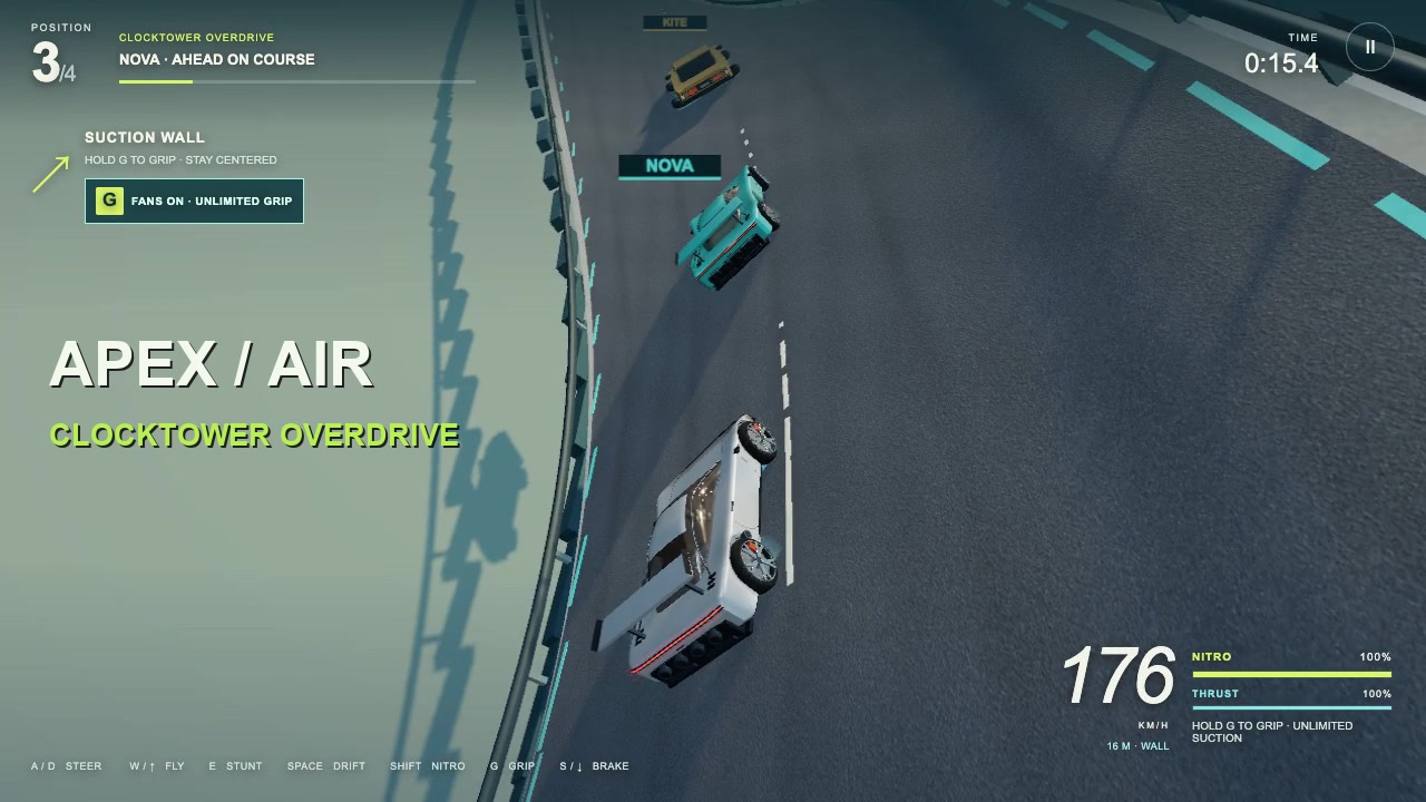The fictional Roadster Rocket on a banked wall road in APEX / AIR gameplay